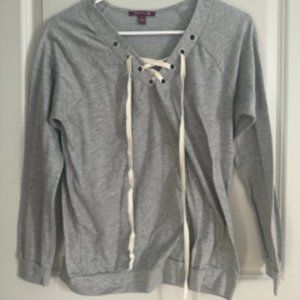 Women's Grey Casual Lace-up Long Sleeve Top